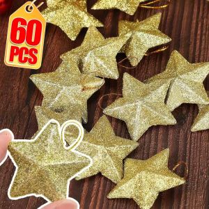 60Pcs Christmas Glitter Stars Ornaments Pentagram Xmas Tree Hanging Pendants New Year Gifts Xmas Wedding Party Home Decoration