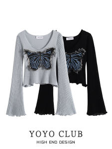 YOYO CLUB American Retro Spicy Girl Knitted Sweater Womens Long Sleeve Base Sweet Spicy Butterfly Top Trendy Autumn Wear