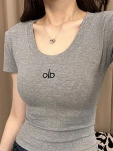 Gray Modal Short Sleeve T-Shirt Letter Embroidery U-Neck Hollow Back Slim Fit Breathable Versatile Summer Top for Women