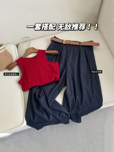 ชุดแฟชั่นฤดูร้อนสำหรับผู้หญิง ชุดเด็กสไตล์เกาหลีสองชิ้น เสื้อกั๊กสายเดี่ยวและกางเกงยีนส์ วัสดุผ้าฝ้าย