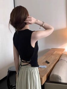 Black Knitted Crop Top Womens Belt Design Sensation Slimming Small Strapless Vest Hollow out Irregular Back Exposure