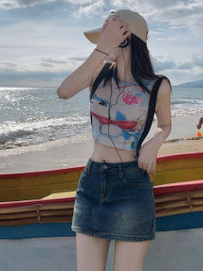 Retro American Washed Denim Mini Skirt Women Summer High Waist Slim Fit Elastic A-Line Bodycon Short Skirt Fashion Trend