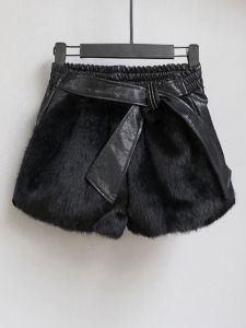 Trendy Rabbit Fur Short Pants Womens Winter Loose Fit Elastic Waist Wide Leg Pants Korean Style Rivet Casual Trousers