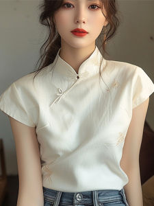 ZHILU | New Chinese Style Standing Collar Short Sleeve T-shirt for Women Summer Loose Fit Casual Buttoned T-shirt