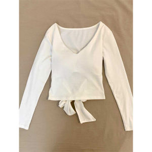 Bare Back Strap Bows Design! Pure Desire Style Long Sleeves White Bottoming Shirt Womens Early Autumn Stylish V Neck T-shirt
