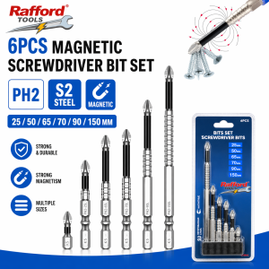 Rafford 7PCS Magnetic PH2 Screwdriver Bit Set S2 Steel 25–150mm Screwdriver Bits with 1/4" Extension Rod for Drill Driver