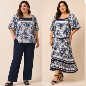 Allure Plus Clothing MARVY Top Vintage Toile Print Square Neck Blouse
