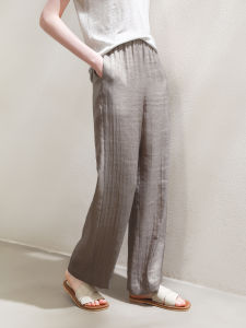 Miccbeirn | Silk Linen Wide Leg Pants Casual Drapey Straight Cut Slimming Commute Friendly Elastic Waist Simple Style Long Trousers