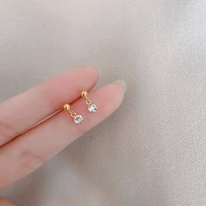 Minimalist เกาหลี 14K Gold Plated เพชรเดี่ยว Drop ต่างหูขนาดเล็ก Secret Stone ต่างหูผู้หญิงเงินบริสุทธิ์