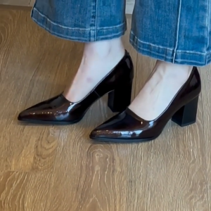 CINDERR Fashion Office Formal Work Black glossy shoes Pointed toe Block Heels Shoes for women#WX119