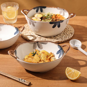 Double-Ear Bowl Noodles Good-looking Ceramic Creative Noodle Bowl Oven Mitts Household Internet Celebrity Ramen Bowl Soup Bowl Soup Basin Tableware