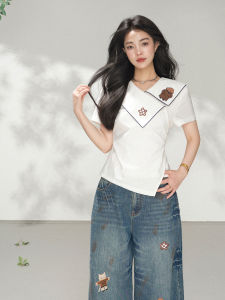 KEIKO | Asymmetric Design Turn-Down Collar Shirt With Cartoon Patches