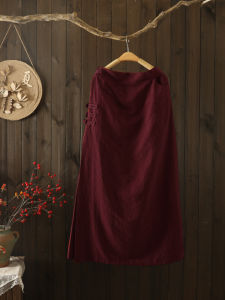 Váy Midi Chữ a Cạp Cao Bằng Vải Lanh Cotton Họa Tiết Thêu Cổ Điển Phong Cách Dân Tộc Váy Dài Vừa Phải Cho Mùa Thu