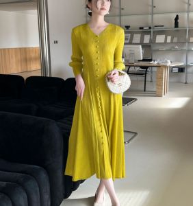 Miyake High-end Pleated Casual Elegant V-neck Dress # 1857