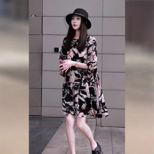 September Stray Ink Summer New Loose Womens Dress Fairy Style Wide Sleeve Polyester Fiber round Neck Commute Style Gown