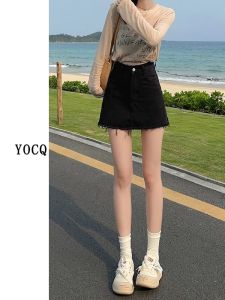 สูง เอว ทรงเอ กระโปรงมินิ ผู้หญิง ยีนส์กันแสง ขอบรุ่ย ชายเสื้อ ฤดูใบไม้ผลิ ฤดูร้อน สินค้าใหม่ ผ้าฝ้าย Blend ลำลอง กระโปรง