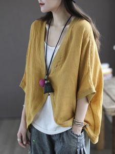Zimo Qinghe Thin Section Cotton Linen Open Cardigan Jacket for Women with Single Button V-Neck Pure Color Half Sleeve