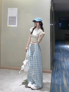 American Retro Blue Gingham Casual Pants for Women Summer High Waist Drape Stylish Niche Style Straight-leg Loose Loose Pants