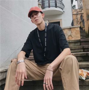 Japanese Style Cityboy Mens T-shirt Loose Fit French Chic Short Sleeve Casual Youth Tops for Summer with Turtleneck