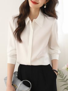 White Formal Shirt for Women Long Sleeve Tailored Collar OL Style Interview Suit Top Business Professional Soft Satin Material