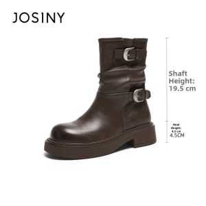 Josiny | Winter New Thick Soles Retro Brown Short Boots with Belt Buckle Mid-calf