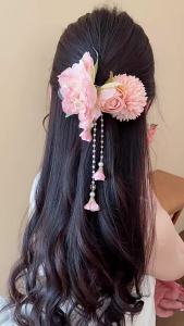 Kẹp Tóc Hoa Vải Màu Hồng Dành Cho Nữ Có Tua Dài Giả Ngọc Trai Sườn Xám Barrettes Kẹp Tóc Hoa Thời Trang Cho Phong Cách Ngọt Ngào
