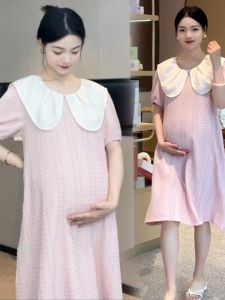 Dopamine Pregnant Womens Texture Short Sleeve Doll Collar Dress Pink Summer Sweet Anti-Aging Small Size Doll Skirt