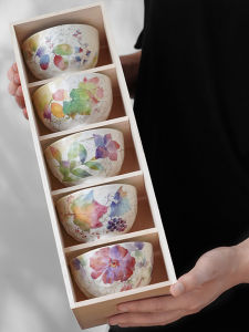 Mino Yaki | Ceramic Japanese Dinnerware Set Red Floral Design Wooden Gift Box