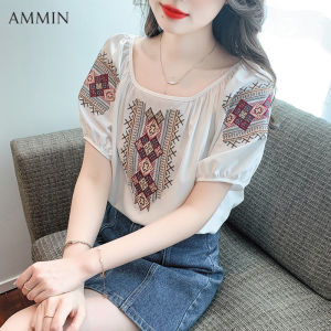 Ammin Trung Quốc phong cách dân tộc Ngắn Tay Vuông Cổ Crochet áo cánh thêu cho phụ nữ 2023 mùa hè mới khí chất Văn Học Ngắn Tay Cổ Tròn Thêu Áo Voan