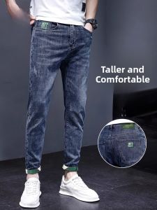 ROMON | Lormen Mens Ice Silk Jeans Summer Thin Fashion Slim Fit Blue Washed Casual Straight Leg Long Pants Mid Waist Cotton Polyester Blend