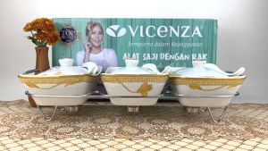 VICENZA wadah saji set isi 3 + rak motif Lily / pemanas makanan / casserole food warmer keramik B-751