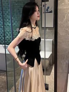 XIAOQIAOJIA | New Chinese Style Lace Splicing Short Sleeve T-Shirt Womens Summer Design Slimming Waist Effect Beautiful Short Top