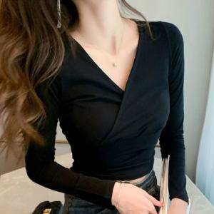 Áo Thun Dài Tay Ôm Vừa Vặn Cổ Chữ V Thiết Kế Chéo Phong Cách Hàn Quốc Cho Nữ Mùa Thu Ngắn Thường Ngày