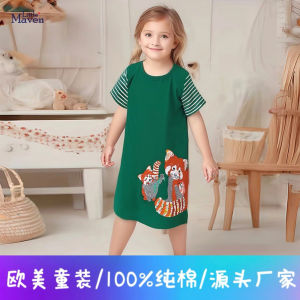 Little Maven Cartoon Short Sleeve Girls Dress Summer Cotton Patchwork Embroidery Pure Cotton Childrens Skirt Kids Clothing