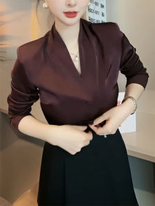 QINGNAER | Elegant V-Neck Slim Fit Satin Shirt Large Size