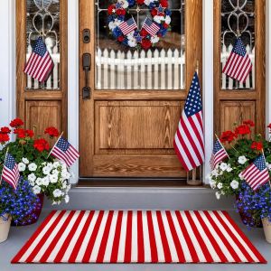 VIKAMA American Flag Striped Doormat Patriotic Red Blue White Non-Slip Entrance Mat for Home Porch 4th of July Decor