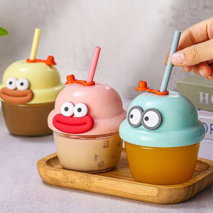 E.B.【Ready in Stock】 210ml Mini Glass Cup with Lid and Straw Cartoon Glass Milk Juice Cup