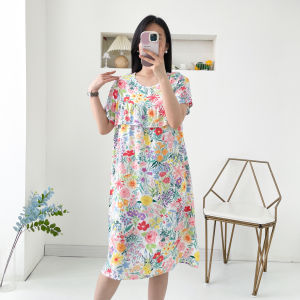 Lightweight Short Sleeve Silk Cotton Sleep Dress Womens Loose plus Size Artificial Cotton Home Clothes Summer Comfortable Nightgown
