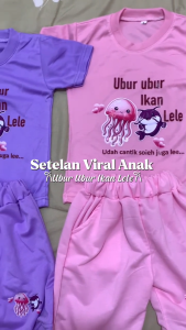 Setelan Viral Anak Perempuan Baju Kaos Ubur Ubur Ikan Lele Usia 1-5 Tahuh Lucu Baju Santai