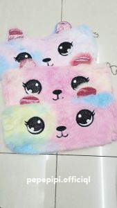 Kotak Pensil Bulu Rainbow Kucing Cat Tempat Pensil Wadah Pensil Kostak Pouch makeup Kosmetik Pencil Case