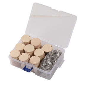 100PCs/Box Blank Predrilled Log Discs Kaychain Natural Wood Slices Keychain with Metal Key Rings