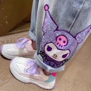 aliAnime Kuromi Sequins Girl Jeans Pants Kids Kawaii Sanrios Fashion Straight Elastic Waist Denim Trousers Children Cal Jeans