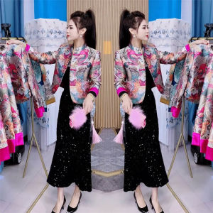 New Chinese Style Embroidered Button Coat And Skirt Set Womens Fashion Retro Artistic Mid-Length Skirt Two-Piece Suit