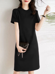 Summer New round Neck Short Sleeve Casual Korean Style Dress plus Size Loose Slimming Pure Cotton Straight Tube Midi Skirt