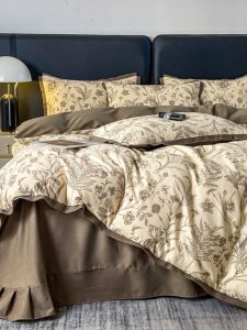 Luxury Pure Cotton Flocking Four-Piece Bedding Set Full Print All Seasons Comforter Cover Thick Simple Bed Sheet 1.5m 1.8m Bed