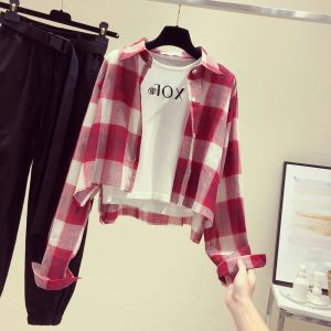 แฟชั่นแบรนด์ส่วนลด Store ผู้หญิงลายสก๊อตเสื้อแขนยาวฤดูใบไม้ผลิฤดูใบไม้ร่วงสั้นความยาวผ้าฝ้ายโพลีเอสเตอร์เสื้อผ้าทํางาน