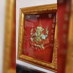 พระพิฆเนศ กรอบรูปกระจก เรซิ่นนูนต่ำ วัตถุมงคล ติดฝาผนัง ของขวัญหลายโอกาส/เสริมฮวงจุ้ย/ตกแต่งบ้าน กว้าง 9.5 นิ้ว สูง 12 นิ้ว