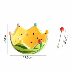 Creative watermelon-shaped fruit serving plate 2-in-1 design with 6 fruit forks and a bright ceramic fruit bowl.