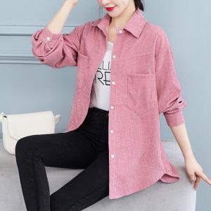 Womens Corduroy Jacket Long Sleeve Spring Autumn Loose Fit Fashionable plus Size Midi Shirt Comfortable Regular Sleeve POLO Neck