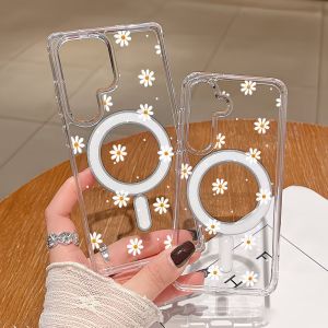 For MagSafe Magnetic Shockproof Transparent Phone Case For Samsung Galaxy A56 A55 A54 A36 A35 A16 A15 Daisy Floral Print Cover